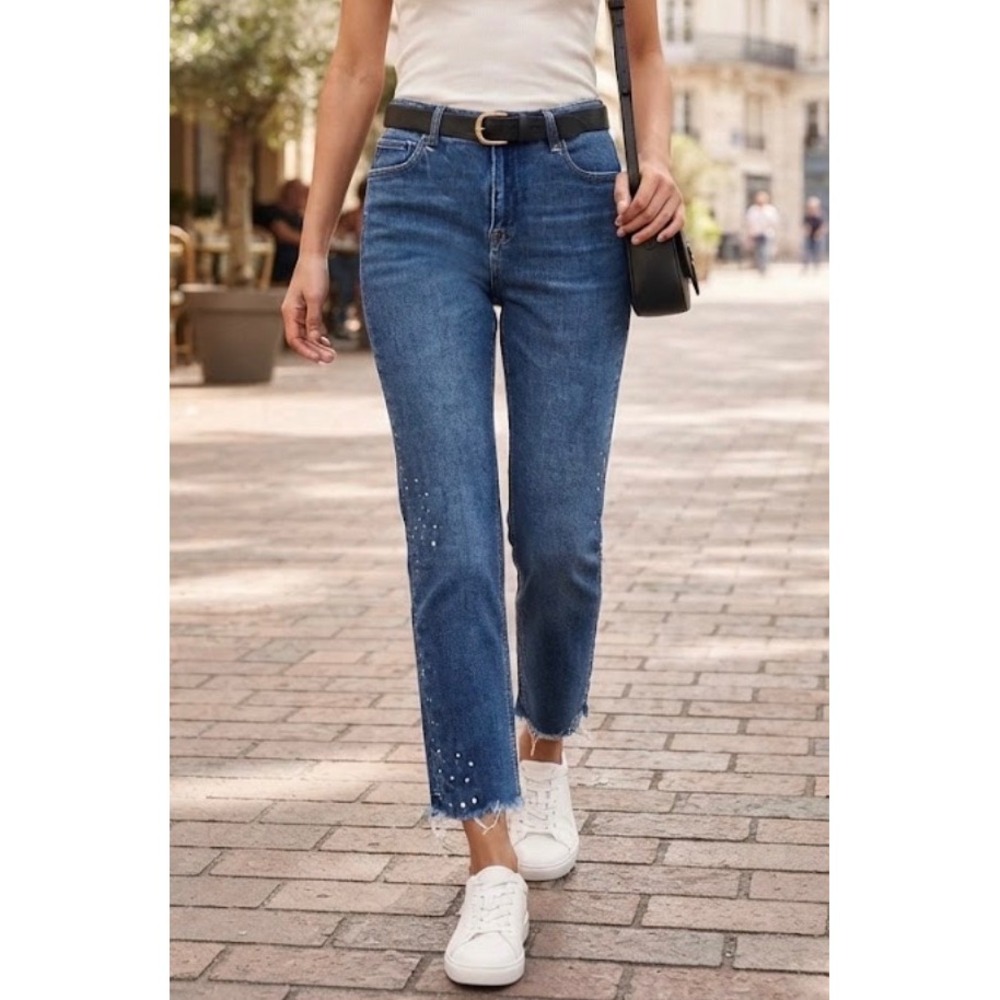 Risen Jeans Womens Straight Leg Pearl Embellished Denim RDP5285 15/32